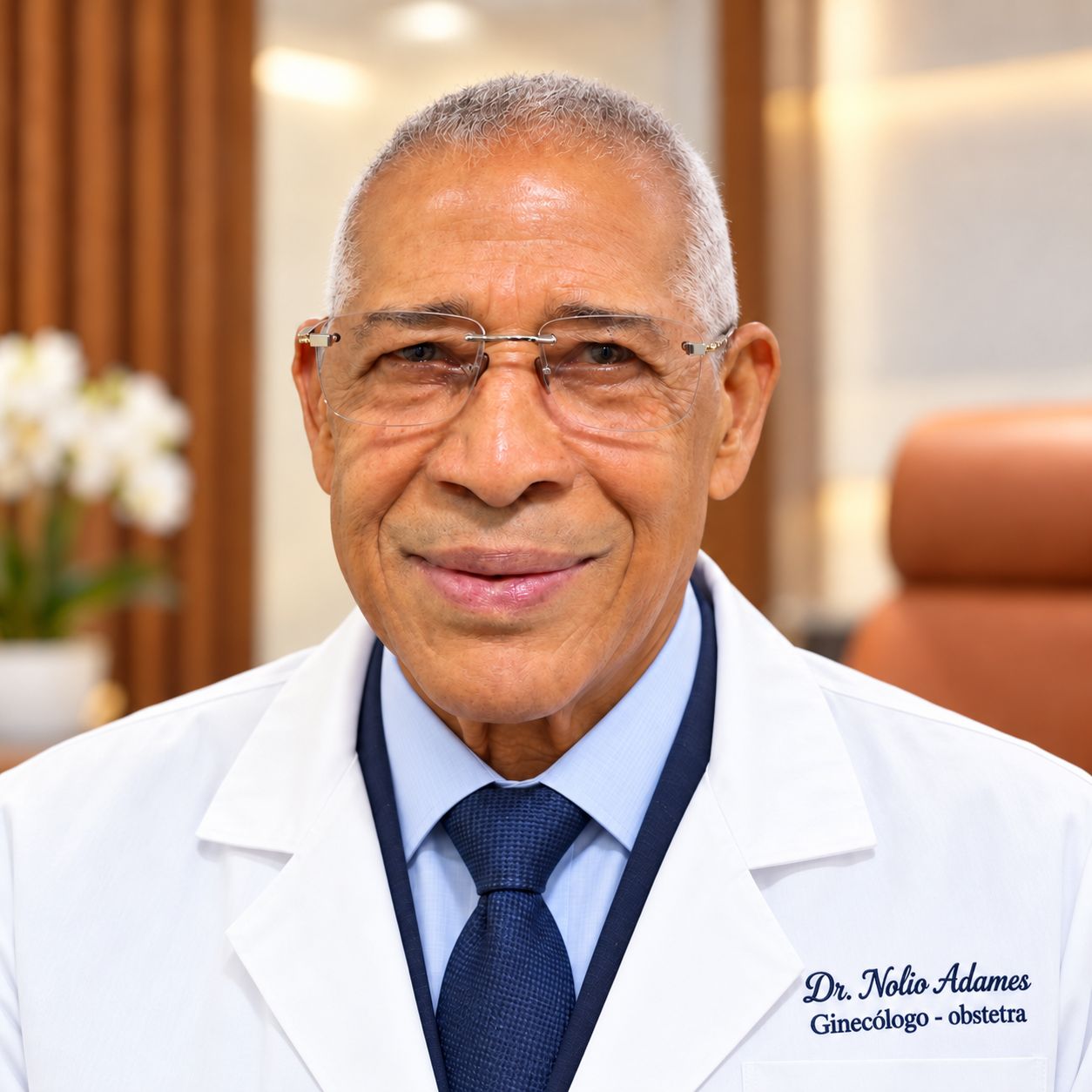 Retrato del Dr. Nolio Adames sonriendo, con bata bordada con su nombre
